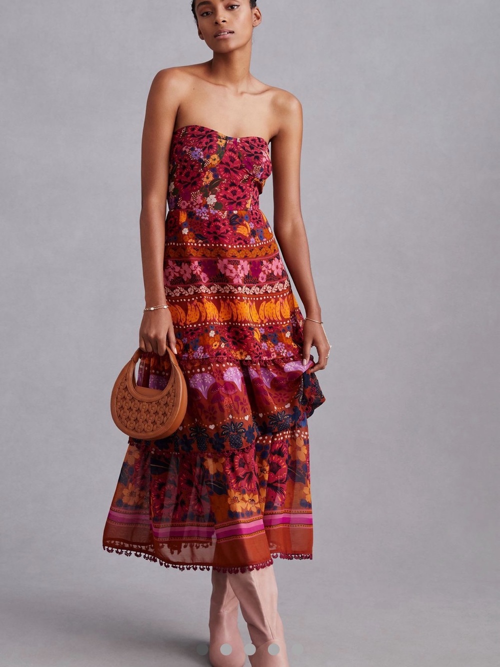 FARM Rio Strapless Floral Tiered Midi Dress S